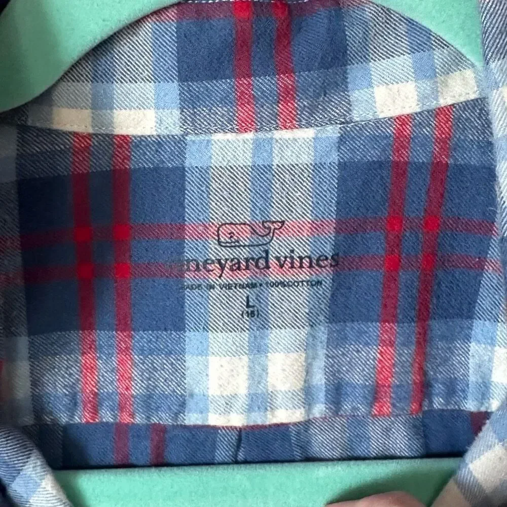 Vineyard Vines Plaid Flannel‎ Shirt Boys L Red/Navy/White Preppy Fall Classic